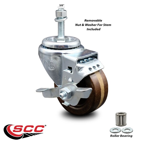 3 Inch High Temp Phenolic Wheel Swivel 3/8 Inch Threaded Stem Caster with Brake